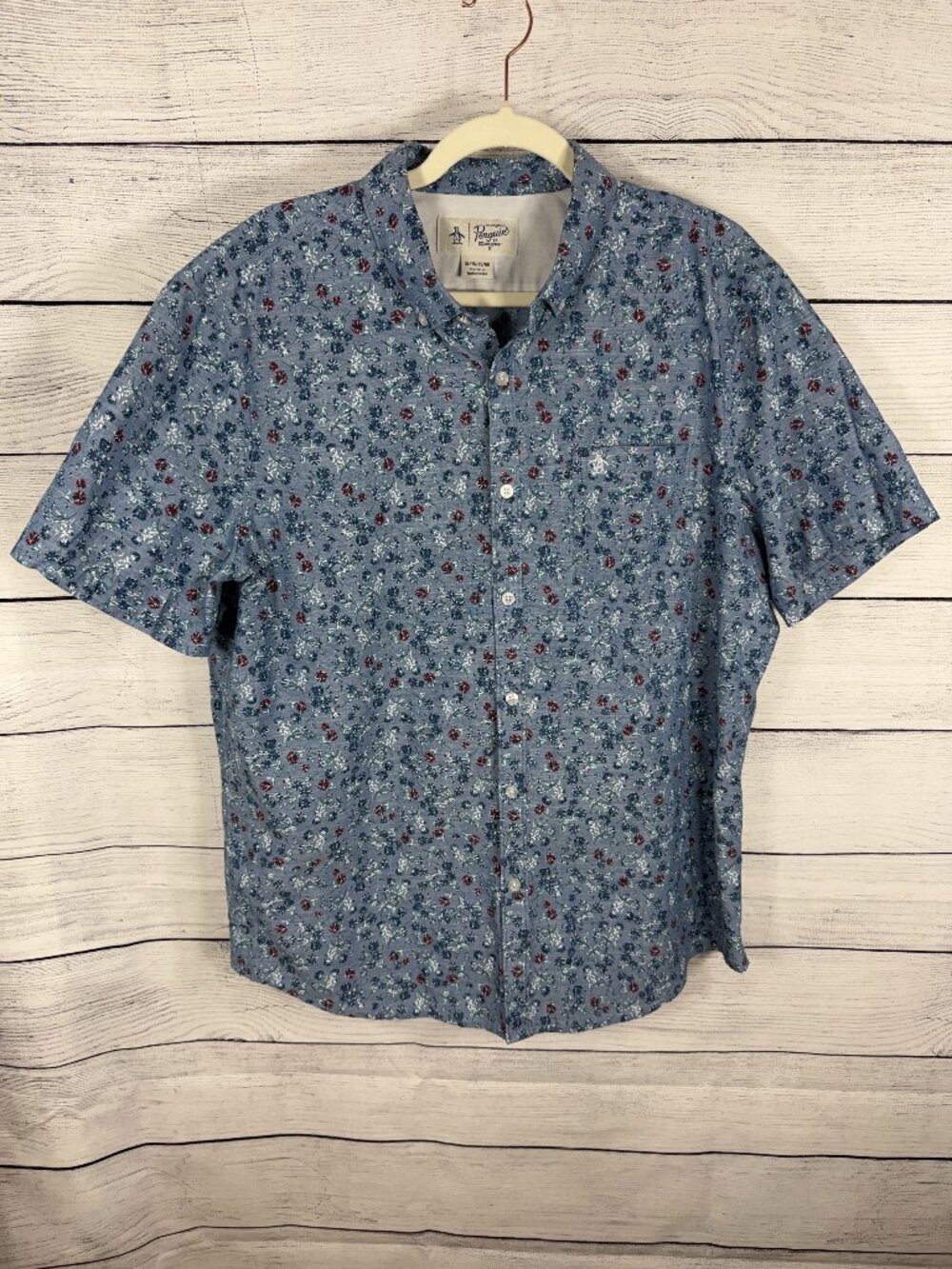 Original Penguin Short Sleeve Floral Print Blue Gray Button Down Shirt Sz XL